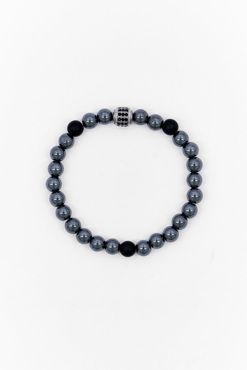 Steeltime Men Lava Hematite Crystal Beaded Stretch Bracelet, Silver - Image 3